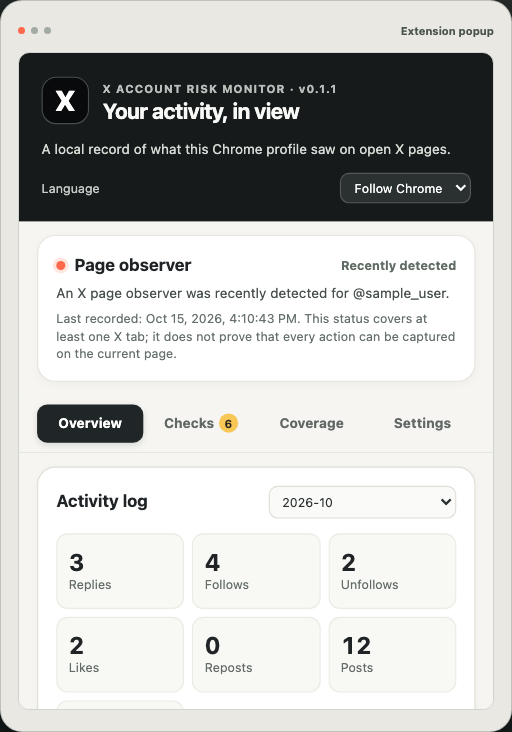 X Account Risk Monitor popup in English showing a sample local X activity log, action counts and navigation tabs